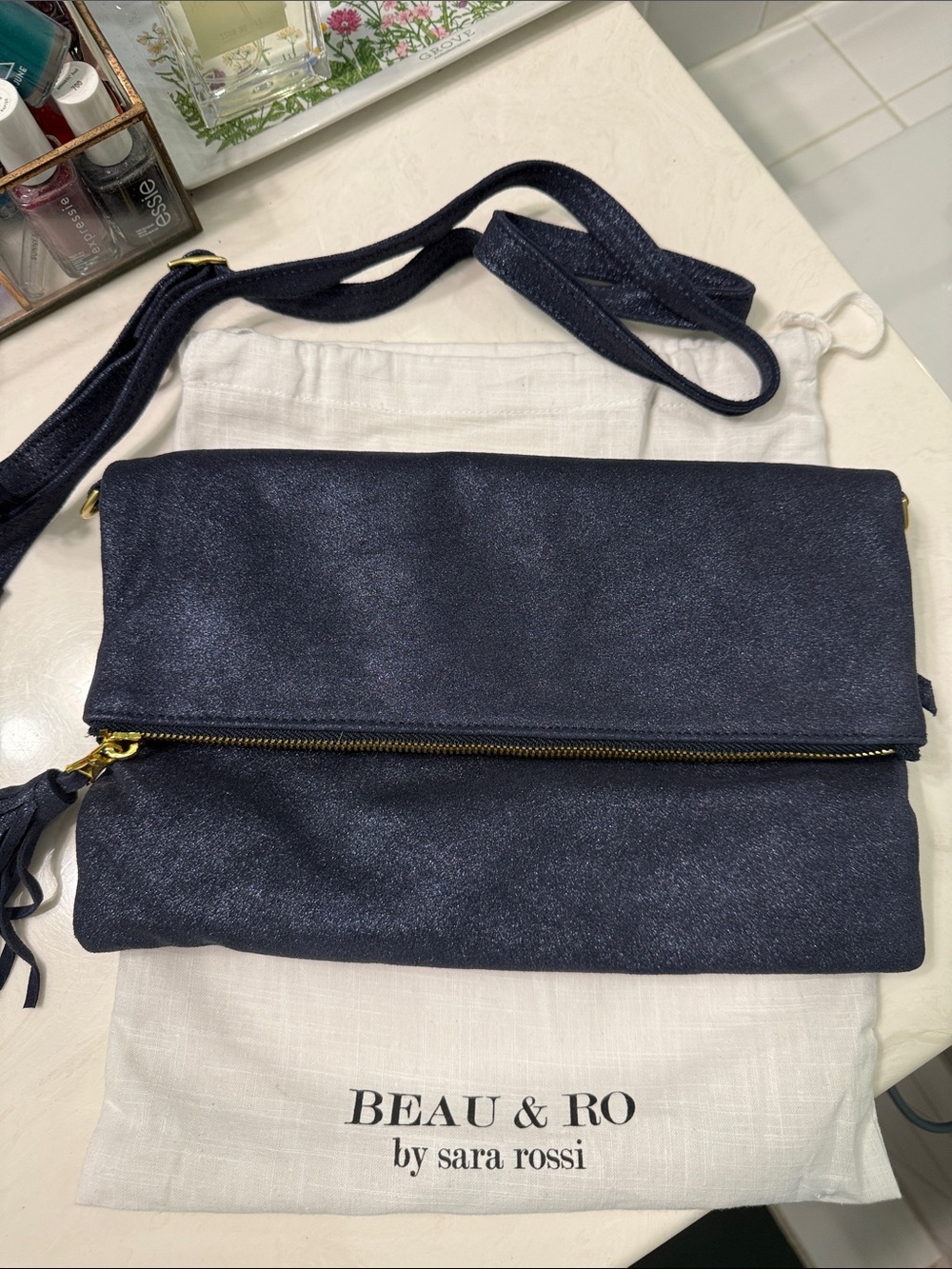 NWT Beau & Ro Fold-Over Crossbody Clutch Bag in Navy Sparkle Leather